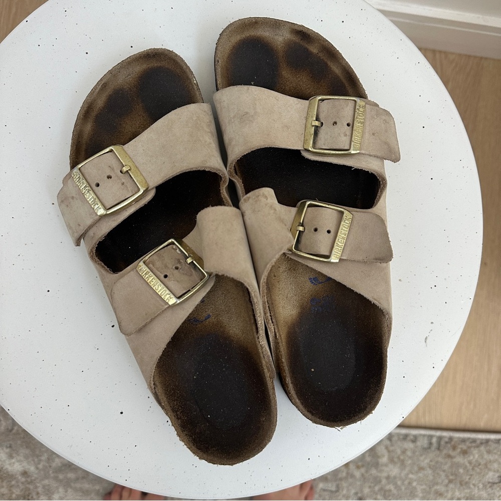 Birkenstock Taupe Sandals with Brass Buckles